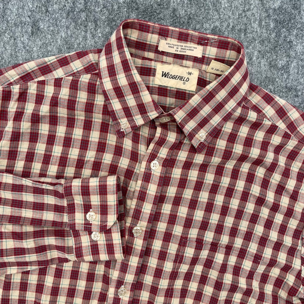 Vintage Wedgefield Shirt Mens Medium Plaid Button Down Red Long Sleeve